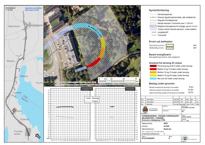 Illustrasjonen viser hvor tomten ligger, hvilket område som er regulert sikringssone og hvilken avstand det er fra t-banetunnelen og opp til terrenget. Illustrasjon:  Fornebubanen