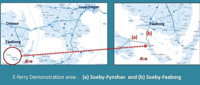 Elfergen Ellen skal forbinde Ærø med fastlandet, i første omgang Søby-Fynshavn og etter hvert også Søby-Faaborg. Illustrasjon: EU H2020