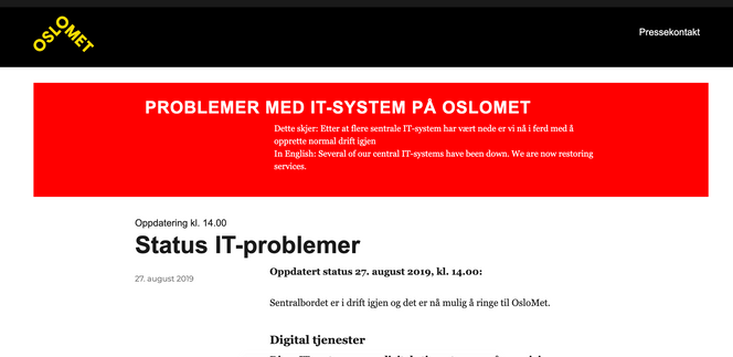 Slik ser nettsidene til Oslomet ut ved 14-tiden tirsdag. Foto: digi.no
