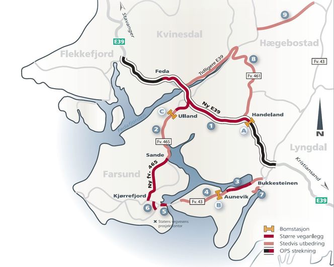 Oversiktskart over de tre bomstasjonene som utgjorde Listerpakken . Illustrasjon:  Statens vegvesen