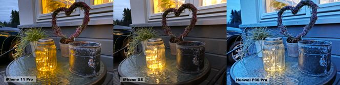 iPhone 11 Pro er mye bedre enn iPhone XS og Huawei P30 Pro på å få fine farger på bilder som er tatt i svært lite lys. Dette bildet er tatt ganske sent på kvelden.
