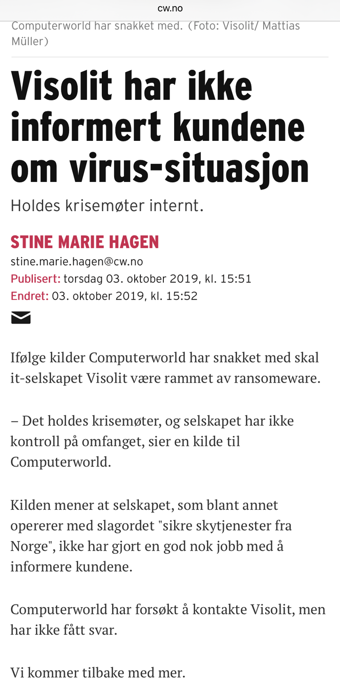 Fake news: Visolit avviser påstandene i Computerworlds artikkel. Ifølge IT-selskapet er saken full av feil. Faksimile:  Computerworld 3. oktober 2019