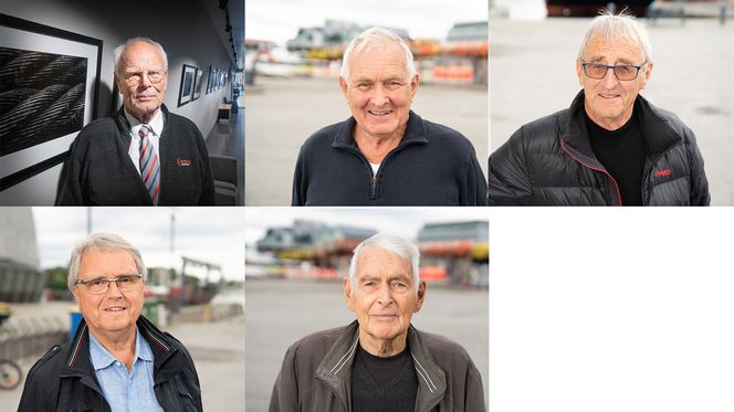 Øverst fra venstre: Oljepionerene Øyvind Breda, Henry Munkejord, Leif Surdal. Nederst fra venstre: Kjell Øyvind Tendenes og Mike Boxill. Foto:  Eirik Helland Urke