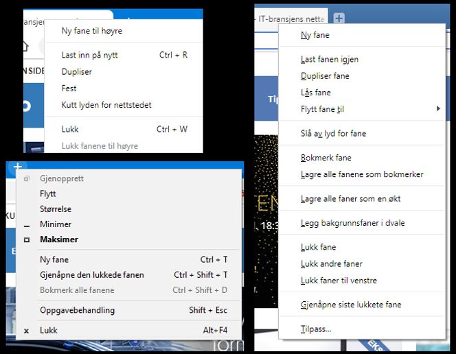 Kontekstmenyen til faner i Chrome 78 (øverst til venstre), kontekstmenyen til fanefeltet i Chrome 78 (nederst til venstre) og kontekstmenyen til faner i Vivaldi (til høyre). Montasje: digi.no