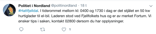 En ikke helt vanlig tweet fra nordlandspolitiet. Skjermbilde:  Politiet i Nordland på Twitter