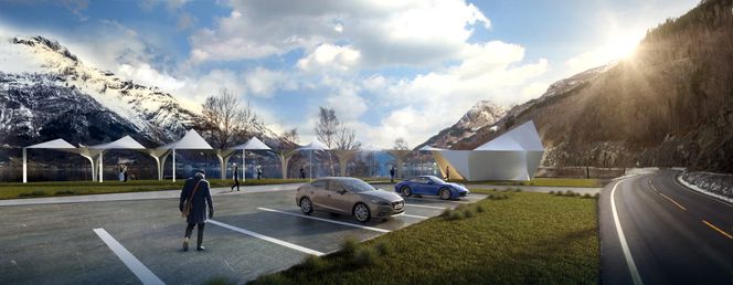 Espenes rasteplass skal bli en attraksjon og et ettertraktet stoppested for de reisende i Hardanger. Illustrasjon: Code