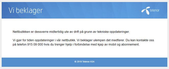Nettbutikken til Telenor melder om tekniske oppdateringer selv om det høst sannsynlig er tekniske problemer som er årsaken til at nettbutikken ikke virker. Skjermbilde: digi.no