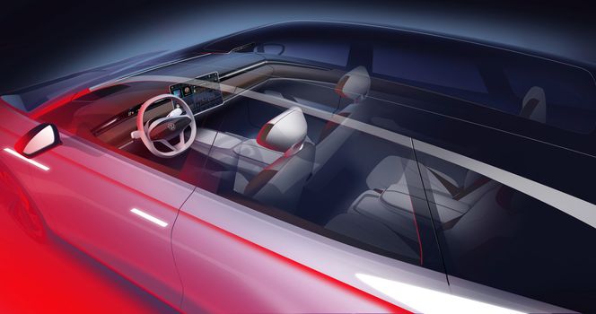 Dashbordet ser ut som en blåkopi av Tesla Model3. Illustrasjon undefined: Volkswagen AG