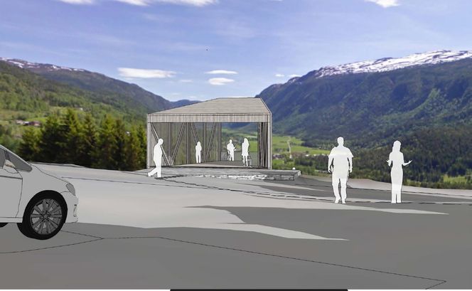 Turistene skal kunne få med seg den gamle E134-utsikten før de kjører gjennom Mælefjelltunnelen. Illustrasjon:  Feste landskap/Arkitektur