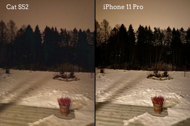 Cat S52 tar slett ikke dårlige bilder om natten, selv om den ikke har dedikert nattmodus slik for eksempel iPhone 11 Pro (til høyre) har.