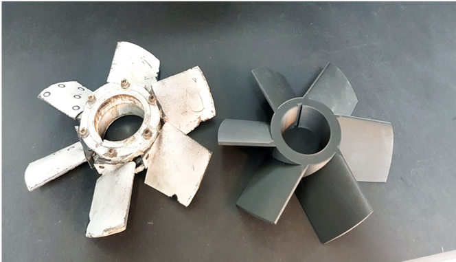 På oppdrag fra Equinor, 3D-printet Fieldmade ny kjølevifte i karbonfiberforsterka polymer. Den ødelagte vifta til venstre, som ikke lenger fantes å få kjøpt, var mal for formen, mens materialet var nytt. Foto: Fieldmade