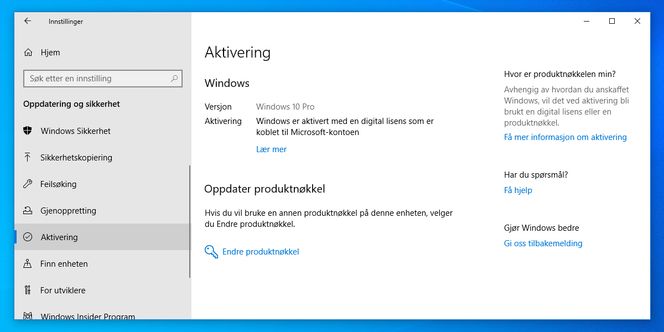 Aktiveringsseksjonen i innstillingene i Windows 10. Skjermbilde: digi.no
