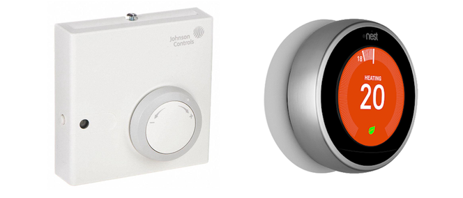 Sammenligning av en mer tradisjonell, kablet termostat og Google Nest (t.h). Bilde: Johnson Control / Google