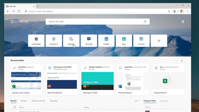 Ny fane-siden kan tilpasses med informasjon fra bedriftens eget intranett, filer fra Office 365 og samtaler fra Microsoft Teams. Skjermbilde: Microsoft