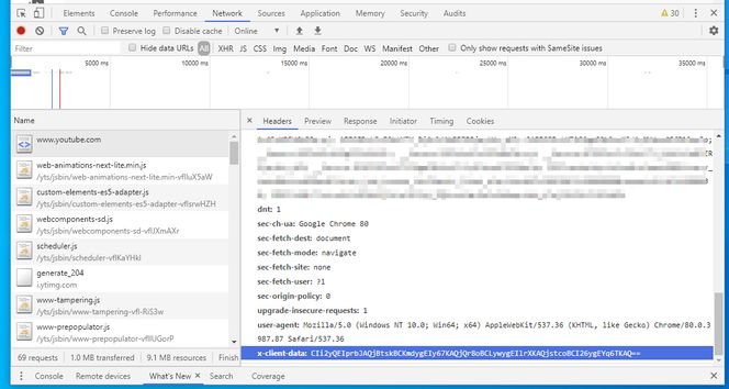 X-Client-Data-headeren som Chrome sender til Googles nettsteder. Her vist i utviklerverktøyet til Chrome i forbindelse med et besøk på YouTube. Header-oversikten er tilgjengelig ved å velge Network-fanen i utviklerverktøyene og en av URL-ene som vises til venstre i verktøyet. Skjermbilde: digi.no
