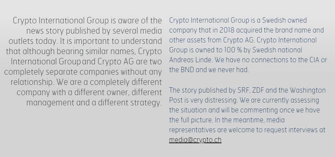 Uttalelse om avsløringene, gjengitt på nettstedet til Crypto International. Skjermbilde: digi.no