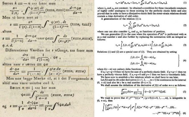 Abels formel til venstre og Caputos formel til høyre. Et trenet øye, som ikke blir forvirret av ulik bruk av bokstaver og symboler, vil si at de er helt identiske.