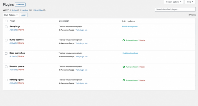 Skisse over hvordan autooppdatering av Wordpress-utvidelser vil kunne aktiveres og deaktiveres. Illustrasjon: Wordpress