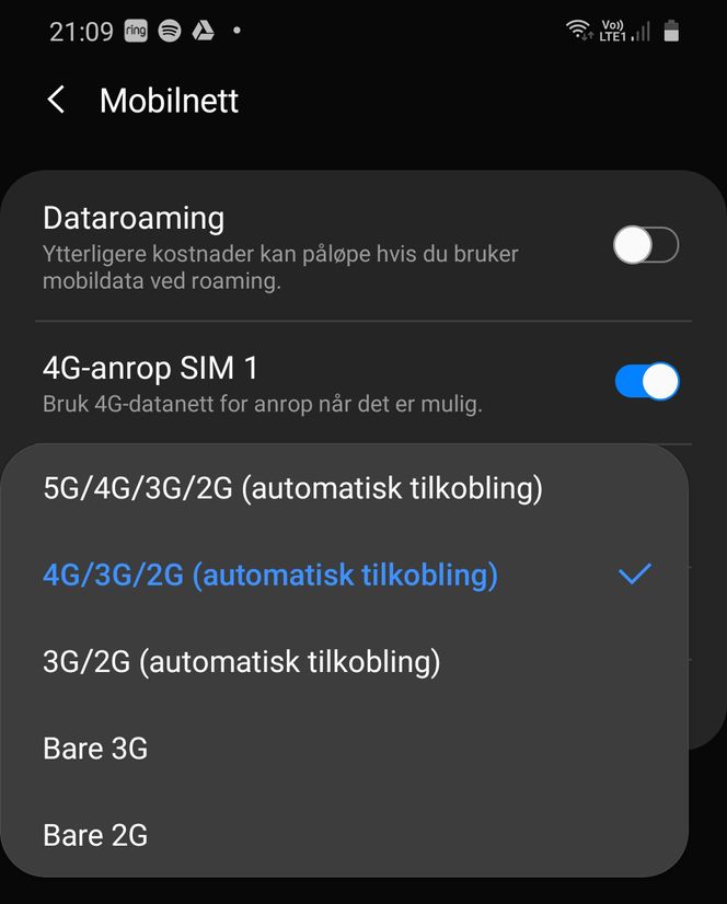 Sett riktig nett: Med et 4G-SIM-kort og en S20-telefon, som er satt til å se etter 5G som programvaren ikke er åpnet for ennå, går det tregt. Når du velger bort 5G går det kjappere. Foto: Odd Richard Valmot