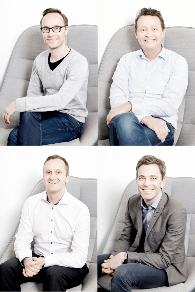 Fra øverst til venstre, Andreas Bentzen, Lars Syse Christiansen, Simen Jørgensen og Andreas Thorsheim. Gründere i Otovo. Foto: Otovo