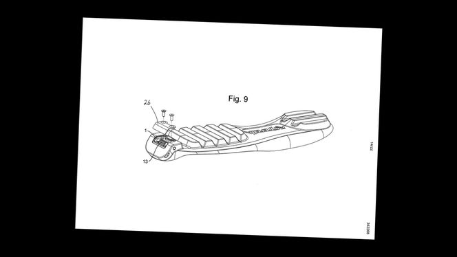 Skisse fra patentet som viser et bindingssystem bygget inn i skosålen. Faksimile:  Patentstyret