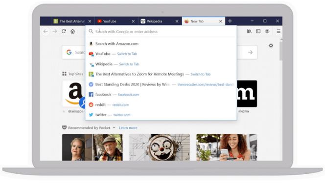 Firefox 75 inkluderer flere endringer i adresse- og søkefeltet, inkludert hurtig visning av de nettstedene brukeren besøker mest. Skjermbilde: Mozilla