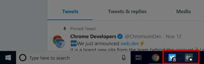 Ikonvarsler i Chrome-baserte webapplikasjoner i Windows. Her vises det at Twitter-appen har utløst åtte varsler. Skjermbilde: Google