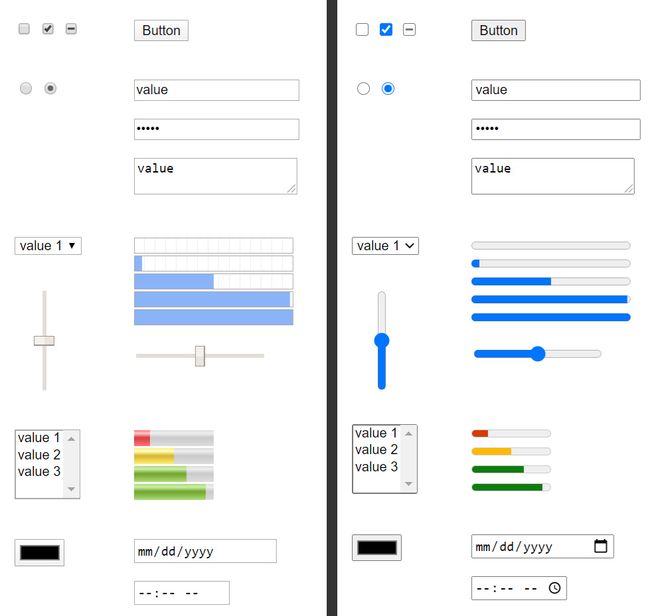 Endringen i utseende på HTML-skjemaelementer i blant annet Chrome. Chrome 80 til venstre, Chrome 83 til høyre. Skjermbilde: Google