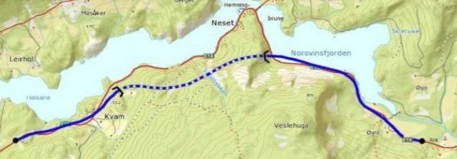 Ny vegtrasé E16 Synshagen-Øylo. Stiplet linje viser tunnelstrekning mellom Kvam og Hugavike. Illustrasjon:  Statens vegvesen