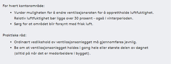 Råd for ventilasjon ved tilbakeføring til arbeid for undefined: Arbeidstilsynet.no