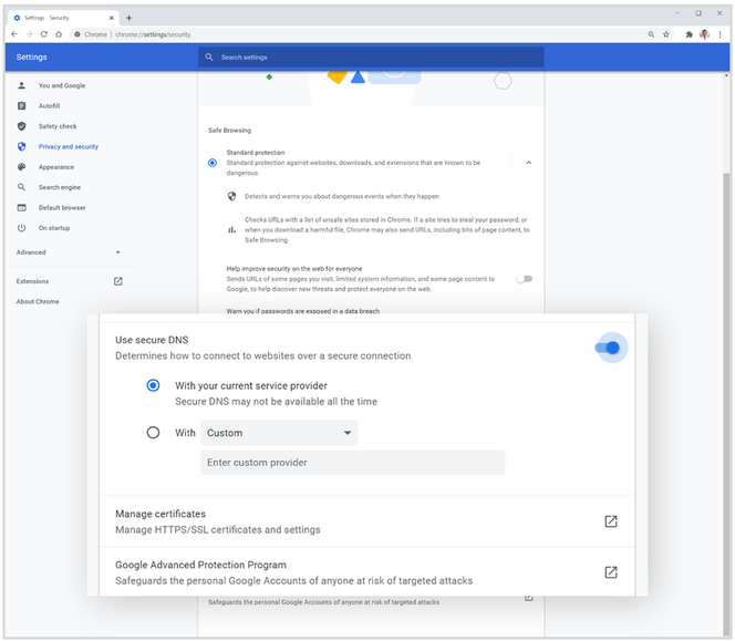 De nye DNS-innstillingene i Chrome 83. Skjermbilde: Google
