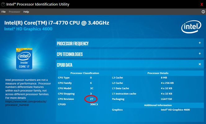 Det er i området «CPUID DATA» i Intels identifiseringsverktøy du må kikke for å finne revisjonsnummeret til den mikrokodeoppdateringen som Intel-prosessoren i PC-en din benytter. Her vist på en noe eldre, stasjonær PC. Skjermbilde: Digi.no