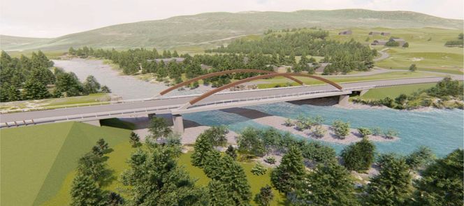 Nye Einunna bru er en nettverksbuebru. Illustrasjon:  Statens vegvesen