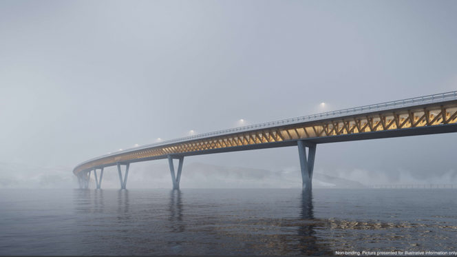 Konseptillustrasjonen viser en mulig bruløsning over Mjøsa fra sørøst. Foto:  Nye Veier