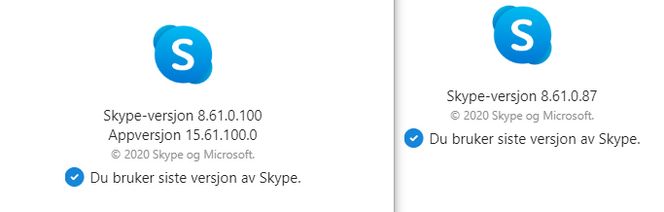 Versjonsnumrene til Skype for Windows 10 (til venstre) og Skype for Desktop. Skjermbilde: Digi.no