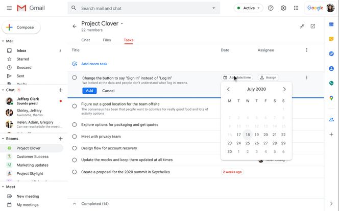 Opprett gjøremål inne i et Google Chat-rom uten å måtte gå ut av Gmail. Skjermbilde: Google