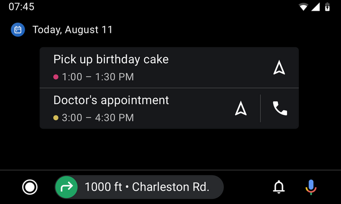 Kalenderappen i Android Auto. Skjermbilde: Google