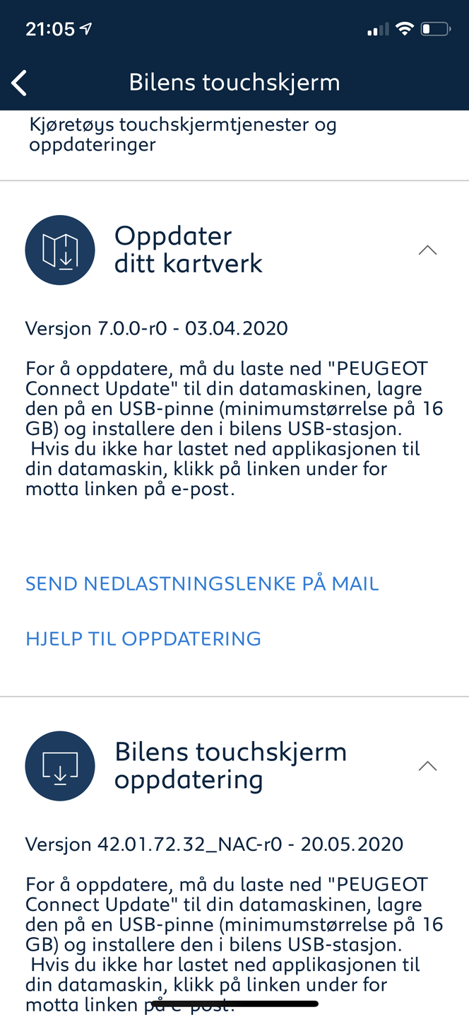 Her ser du instruksjonene for hvordan man må gå fram for å oppdatere bilen. Foto: Skjermbilde