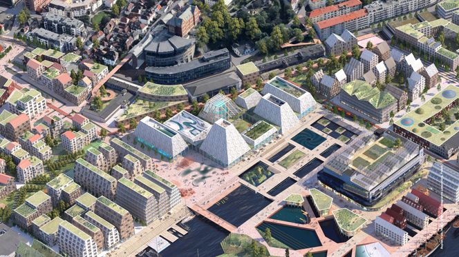 Inne på land ser Asplan Viak for seg både pyramideformede og spisse, Bryggen-inspirerte bygg. Nesten alle med grønne tak. Illustrasjon: Team Asplan Viak/Mad