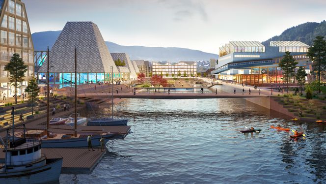 Skjermede kanaler kan skape grunnlag for nye aktiviteter i den værutsatte vestlandsbyen. En del av Akvariet ses til venstre, et bylivssenter med drivhus på taket til høyre. Illustrasjon: Team Asplan Viak/Mad