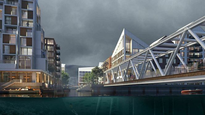 ÅF Advansia og Vill ser for seg at deler fra gamle oljeplattformer kan komme til nytte ved oppbyggingen av den nye bydelen. Illustrasjon: Team Advansia / Vill