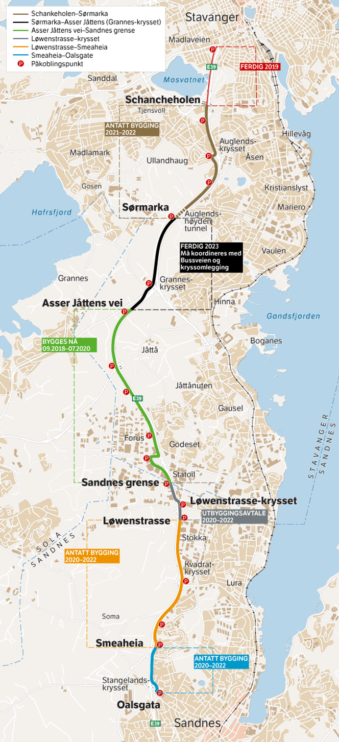 Sykkelstamveien mellom Stavanger og Sandnes bygges ut i flere etapper. Illustrasjon: Statens vegvesen