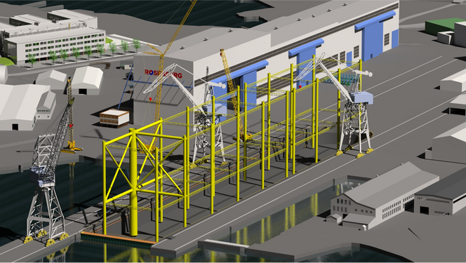 Moduler kan bli produsert i serier ved Rosenberg verft og etter hvert som de ferdigstilles, bli slept ut til Åmøyfjorden hvor de skal monteres sammen. Illustrasjon:  Rosenberg Worley