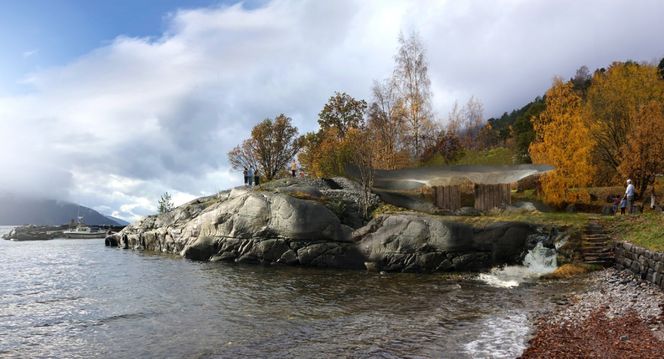 Toalettet i Tyrvefjøra blir en ny attraksjon for reisende langs Nasjonal turistveg i Hardanger. Foto: Nasjonale Turistveger/Helen & Hard AS