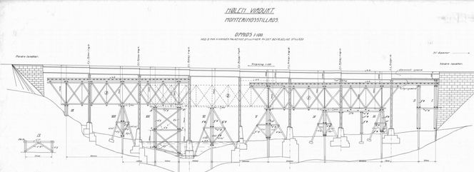 Tegning fra Norges Statsbaners planer for Hølenviadukten i 1913. Faksimile: BaneNor