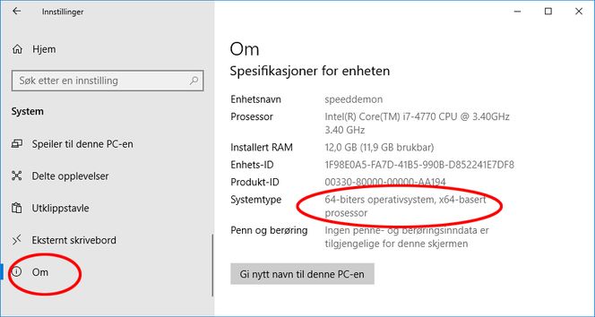 Slik ser du hvilken prosessorarkitektur PC-en din har. Skjermbilde: Digi.no