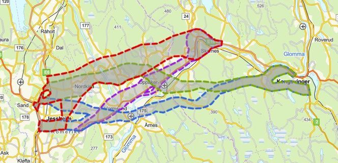 De fire korridorene som prosjektet arbeider videre med: A (rød farge), B (grønn), C (blå) og F (fiolett). Illustrasjon:  Nye Veier
