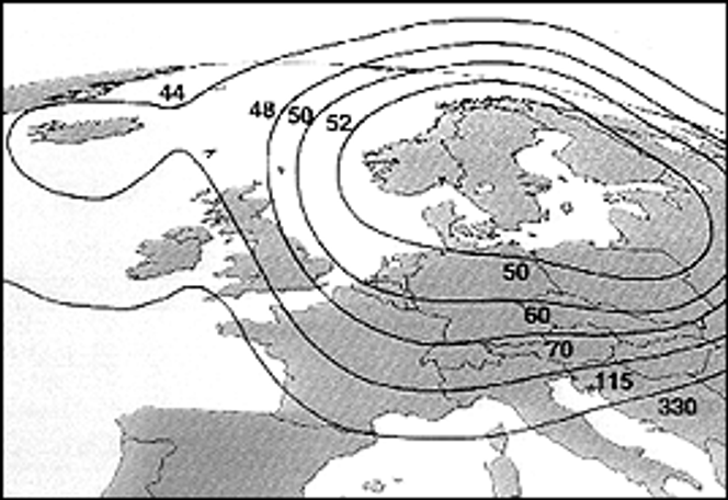 Dekningskart for Thor II. De vertikale tallene viser antennediameter for god mottaking. I tillegg dekker satellittens laveste grad den befolkede delen av vest-Grønland.