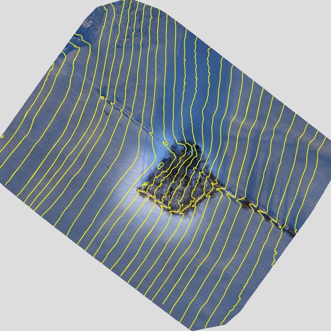 Slik ser det ut når dronen har skannet et mulig snørasområde. Programvaren bygger så en 3D-modell av terrenget for å se hvordan det beveger seg. Foto:  Sintef