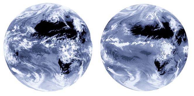 Jorden meteorologiske tvilling: Bilde av jorden til venstre er basert på optiske og infrarøde satellittbilder. Til høyre er hvordan ECMWFs modell på 1 km oppløsning beregner modellen. Selv om bildene ikke er helt like er værsystemene temmelig nøyaktig representert i be. egni: en. Foto: Peter Bauer